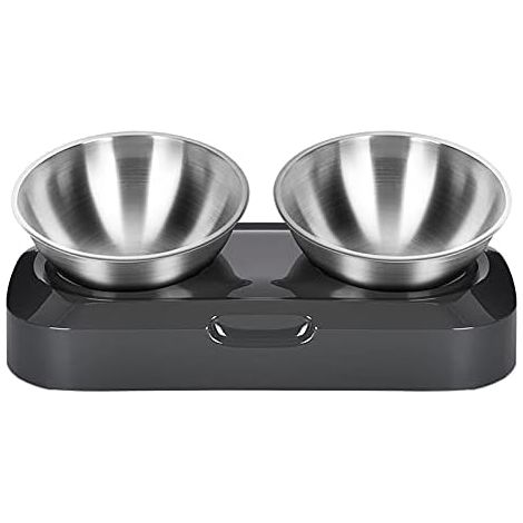 Gamelle surélevée pour chat en acier inoxydable double bol incliné 15°, antidérapant avec support, pour chat et chiot (1/5)