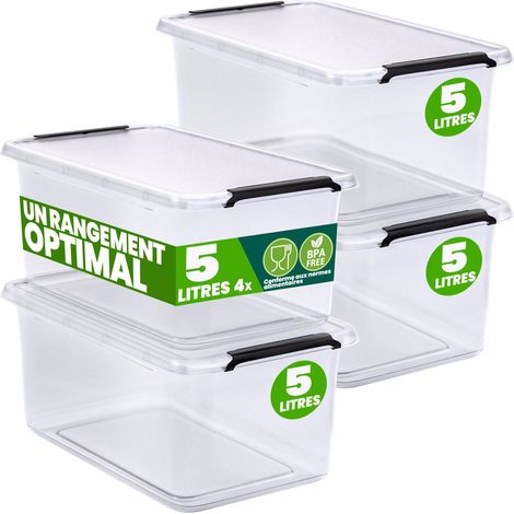 DEUBA® Boîte de rangement en plastique transparent empilable sans BPA gain de place caisse de rangement organiseur 4 x 5L