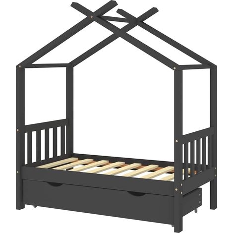 Lit simple Cadre de lit enfant avec tiroir gris foncé pin massif 70x140 cm