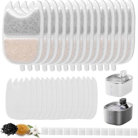 Filtre pour Fontaine à Chat, 28 Filtres de Rechange pour Fontaine à Chat sans Fil 4L, Multicouche Fltration Filtres, 14 Filtre à Charbon résine et 14 mousses pour Fontaine à Boire 4L (YPD-C004) (1/5)