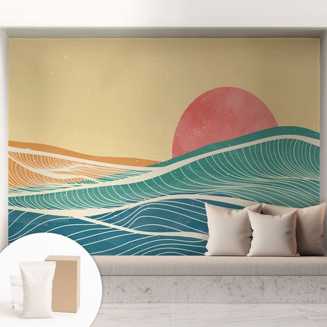 Papier peint intissé décoratif pour chambre et salon Design moderne à poser facilement - Colle incluse gratuite Vagues marines 208x146 cm (1/5)