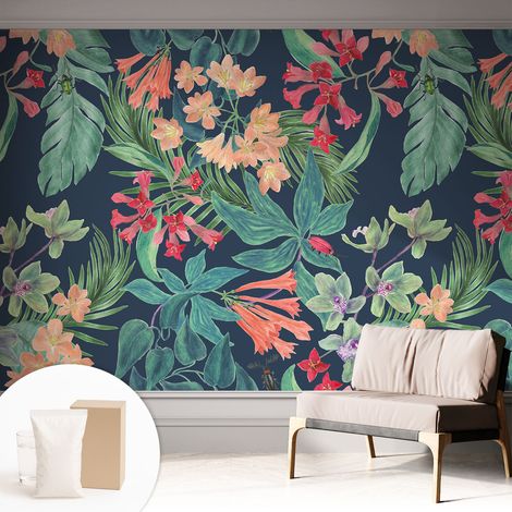 Tapete Vliestapete mit Kleber modern - Wanddeko für Küche - Klebefolie Wand - luxus Look Tropische Blumen 312x219 cm