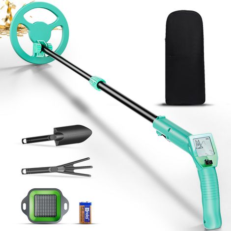 Detecteur Metaux Enfant, Léger Détecteur de Métaux avec Tige Réglable de 66 à 83CM, écran LCD et Disque de Recherche étanche, Détecteurs Métaux pour Enfants avec Pelle Râteau Tamis Sac(Vert) (1/5)