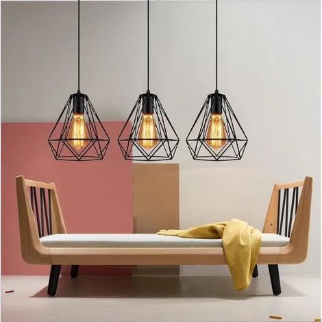Rétro Susepsnion Luminaire Industrielle Noir Lustre Suspension en Cage Diamant Métal pour Salon Chambre (1/4)