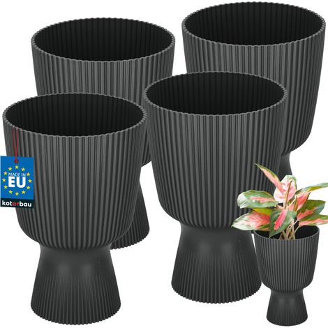 KOTARBAU® Lot de 4 Pot de Fleur  Ø 14 cm - Pot de Fleur Interieur - PVC - Pot de Fleur Exterieur - Pot pour Plante avec Socle - Nervuré - Forme de Coupe - H: 21 cm - Noir (1/4)