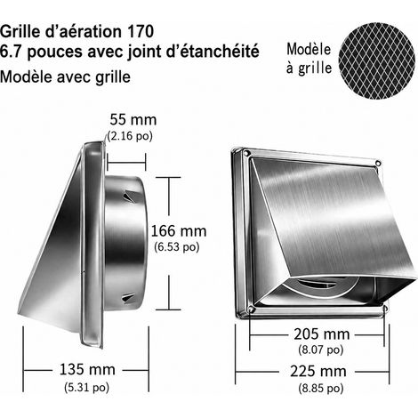 Grille d'aération murale carrée 170 mm en inox 304 avec grille 170mm réf 7707 23 × 23 × 14 cm 750 g – Livraison gratuite