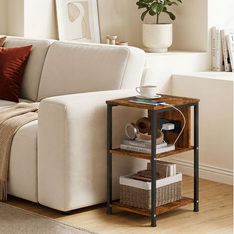 Tavolino 34x30x58 cm con presa EU, USB e Type-C, 2 ripiani aperti, struttura in legno rustico e metallo nero (1/5)