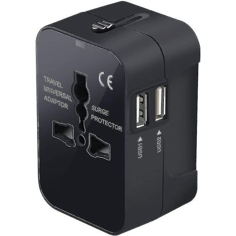 Universeller All-in-One-Wandadapter mit zwei USB-Ladeanschlüssen, international erhältlich – Schwarz
