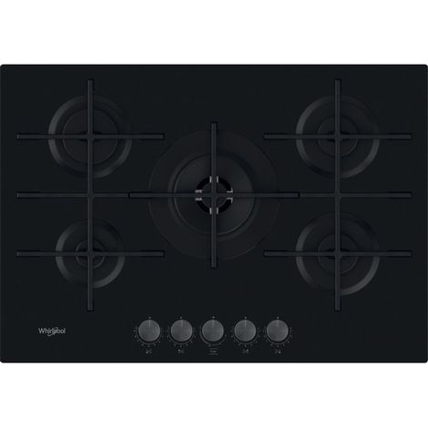 Whirlpool – Plaque de cuisson gaz 5 foyers GOWL758NBFR – Largeur 73 cm – Brûleur central 5000W – Surface en verre et grilles en fonte