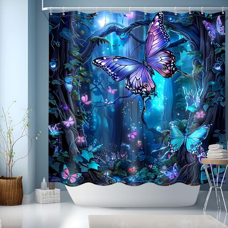 Rideau Douche Bleu,Rideaux de Douche,Rideau Baignoire Lavable en Machine, avec œillets et 12 Anneaux, Shower Curtain 180x180,Modèle Papillon (1/5)