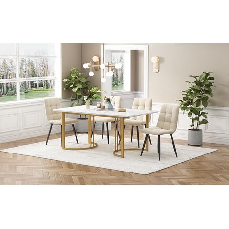 Ensemble salle à manger 5 pièces table 140×80 cm pieds métal doré plateau MDF blanc,chaises en velours beige. (1/5)