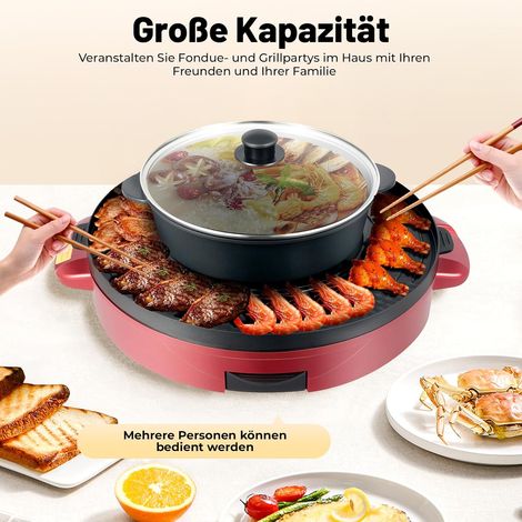 Barbecue coréen Hot Pot Electrique Appareil Fondue Chinoise et Barbecue Coréen électrique de Table 220V 2200W 2 en 1 Chauffage Haute Efficacité Contrôle de Température pour d'un Barbecue Rouge (1/5)