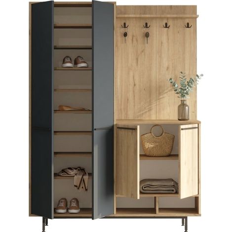 Garderobenschrank Tignale, 12 Fächer, Kleiderhaken, 4 Türen, 147x36x196 cm Anthrazit Schwarz