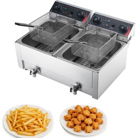 Mophorn Freidora eléctrica comercial de 2 tanques, capacidad de 14 L y 5000 W, acero inoxidable con 2 cestas. Incluye control ajustable de temperatura y tiempo (60-200 °C), ideal para pollo (1/5)