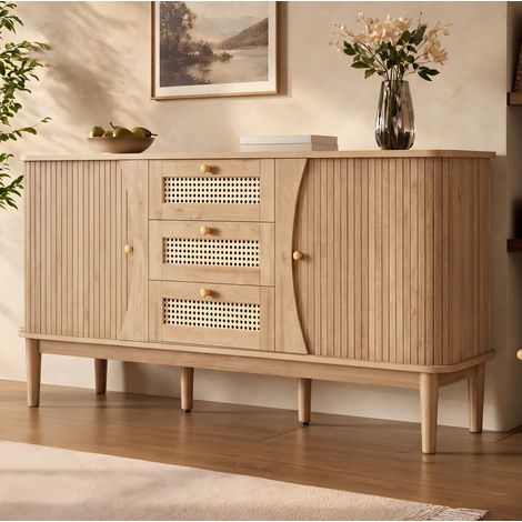 Aparador 141x40x77 cm de MDF natural, puertas correderas y cajones de ratán - CHICFURN (1/5)