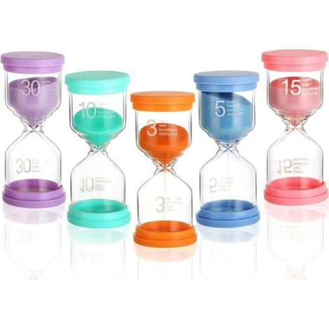 Lot de 5 Sablier, Verre et Plastique, Minuteur 3 à 30 Minutes, Brossage Dents et Jeu, École et Maison (1/5)