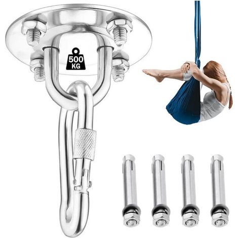 Crochet de plafond pour suspendre des hamacs, du yoga, des chaises suspendues, kit d'entraînement de suspension en acier inoxydable (avec mousqueton et vis de fixation), (1/4)