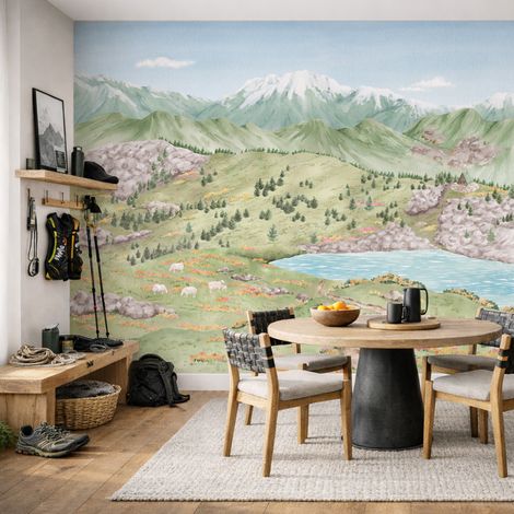 Papier peint panoramique - Pyrénées Printemps - Vert et bleu - intissé : 150g/m² - 7 lés : 336x270cm (1/5)