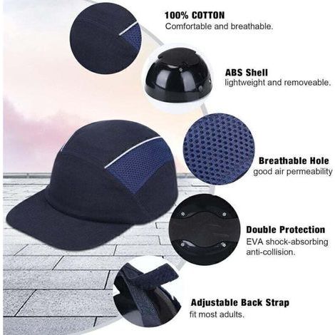 Casquette de Sécurité Anti Chute Casquette Coquée Protection Tête Sport Baseball Anti Heurt pour Travail Constructeur Bricolage de Coton Bleu (1/4)