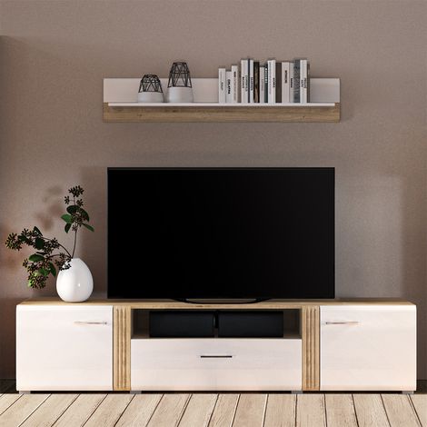 TV-Lowboard Set in Eiche Nb. AKRON-131 modern mit Fronten in Hochglanz weiß 2-teilig mit TV Board und Wandboard (1/5)