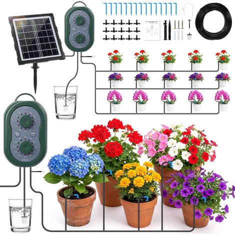 Arrosage Goutte a Goutte Solaire, Kit D'irrigation Automatique Solaire 3W, Arrosage Système Automatique avec Minuterie Intégrée pour 15 Pots pour Intérieur et Exterieur Balcon Jardin Plante (1/5)