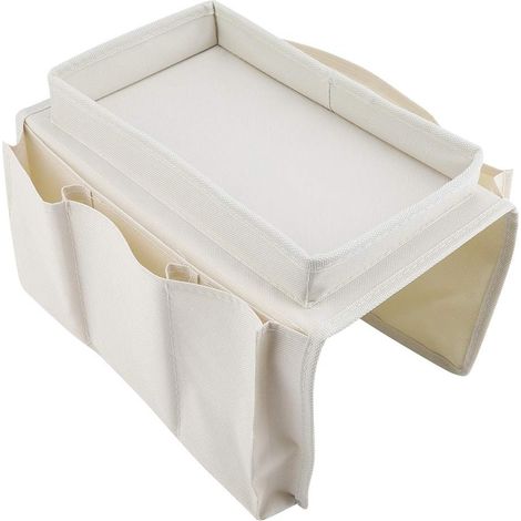 Cremefarbene Sofa-Aufbewahrungstasche aus Oxford-Stoff, 54 x 31 x 4 cm, mehrlagige Aufbewahrung mit mehreren Gittern, geeignet für Sofaseite, Schlafzimmer, Wohnzimmer