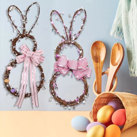 Guirlande lumineuse Pâques lapin en rotin, couronne décorative lumineuse à LED colorée pour porte
