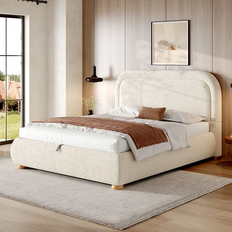 Lit coffre rembourré 140x200 cm, rangement hydraulique, design capitonné arrondi, tête de lit rembourrée tissu Bouclé Beige sommier à lattes renforcé (1/5)