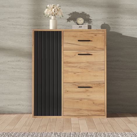 Meuble de rangement pour chaussures moderne, doté de compartiments réglables. Les poignées sont noires. Il comprend 1 tiroir, 2 compartiments pour les chaussons et 1 porte. Dimensions : B80/D24/H95,5 