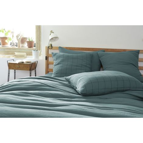 Taie d'oreiller Tissé-teint grands carreaux Déco "Gaïa Match" 60 x 60 cm & 50 x 70 cm "Gaze de Coton" - Gaïa Match Canard - 50 x 70 cm - Gaïa Match Canard - (1/3)