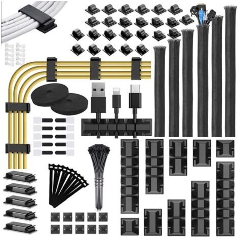 188 Kits de Gestion des Câbles, 6 Manchons de Gaine de Câble 50 Serre-Câbles Adhésifs 100 Serre-Câbles 10 Attaches de Câble Base 20 + 2 Serre-Câbles Organisateur Rallonge pour TV PC Voiture (1/5)