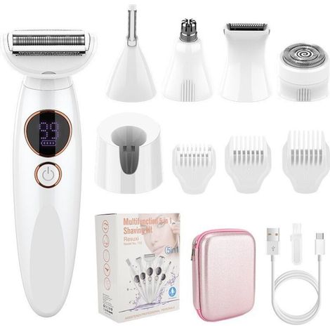 Rasoir Electrique Femme 5 en 1, Tondeuse Femme Intime, Rasoir Femme Maillot IPX7 Etanche avec Station de Charge USB pour Visage, Corp, Sourcil, Bikini