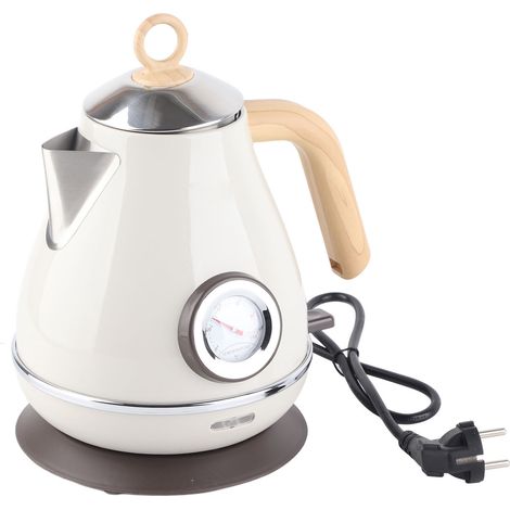 Elektrischer Wasserkocher (1,7 l), Retro-Holzoptik, Überhitzungsschutz, Temperaturanzeige, 220–240 V EU-Stecker, weiß (1/5)