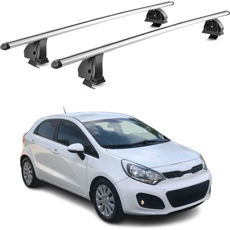 OMAC Aluminium Dachträger Querträger für Kia Rio III Schrägheck 2011-2017 5Tür – TÜV / DIN 75302:2019 – Abschließbar – T-Nut – Max. 75 kg – 2 Stangen – Silber (1/5)