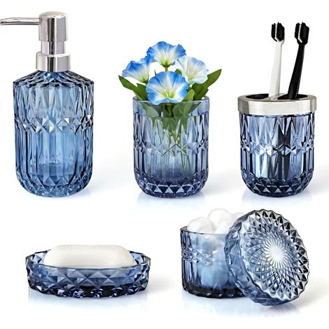 Lot de 5 Accessoires de Salle de Bain en Verre Bleu – Distributeur de Lotion, Porte-Savon, gobelet, Pots de Cotons-tiges, Porte-Brosse à Dents – Décoration de Salle de Bain Moderne (1/5)