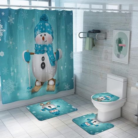 Ensemble Decoration Salle De Bain Noel - Rideau Douche 183x183 Cm - Housse Siege Toilette 38x42 Cm - Tapis Bain 41x61 Cm - Tapis U 38x46 Cm - 4 Pieces (1/5)