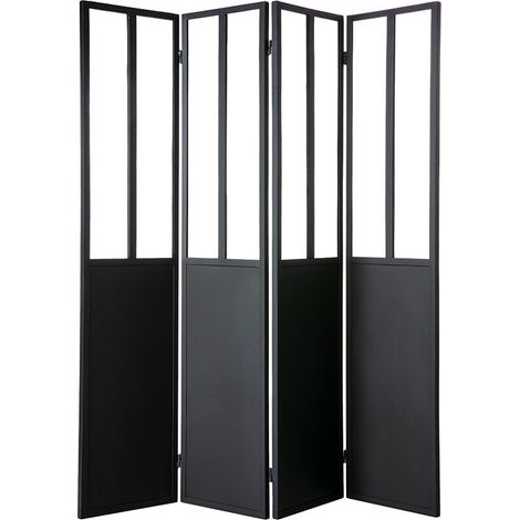 Miliboo – Paravent industriel en métal noir et verre 4 vantaux L160 x H180 cm – Cloison verrière mobile pour intérieur – Épaisseur verre 5mm (1/4)