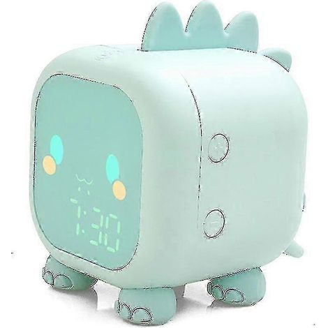 Réveil numérique dinosaure tricolore mignon, réveil de chevet pour enfants, appareil d'apprentissage du sommeil pour enfants, réveil nocturne, vert clair. (1/5)