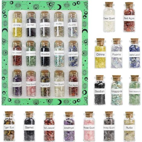 15 mini botellas de los deseos con piedras preciosas naturales, de vidrio con cristales para coleccionar y decorar, 2 x 5 cm (1/5)