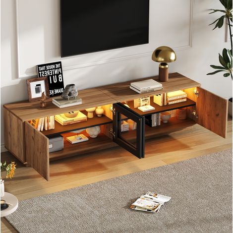 MEUBLIV Meuble TV 180 cm naturel et noir – LED, 2 placards, sans matelas (1/5)
