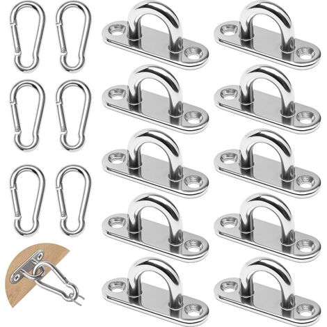 10 Pièces Crochets de Plafond, Crochet Inox M5 Avec œillet Crochets de Plafond U Avec 6 Boucles de Sécurité, Crochet de Plafond pour Accrocher Chaises Suspendues Balançoire Auvent Accessoires (1/5)