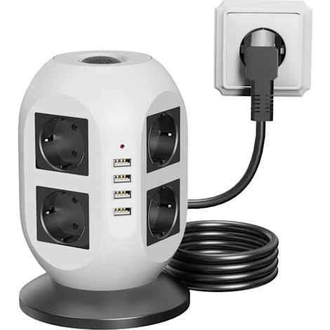 Rallonge USB avec 8 prises, 8 ports USB et protection contre les surtensions — Longueur : 2 mètres, double interrupteur — Convient pour la maison et le bureau (1/5)