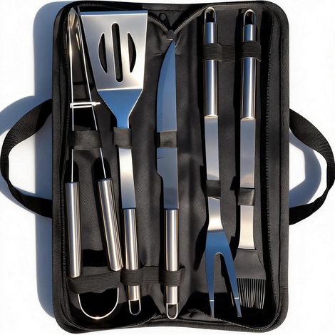 Set d'Ustensiles Barbecue 5 Pièces en INOX avec Étui Accessoires de Gril pour Cuisine, Camping, Jardin - Idée Cadeau Homme (1/5)