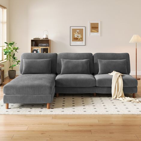 Neche 3-Sitzer-Ecksofa + Chaiselongue aus Cord, Walnussbeine, 256 cm x 94 cm x 88 cm, Grau, weiches und langlebiges Design