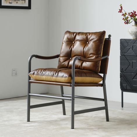 Sedia Accent in pelle, stile mid century modern, struttura in metallo nero, marrone (1/5)