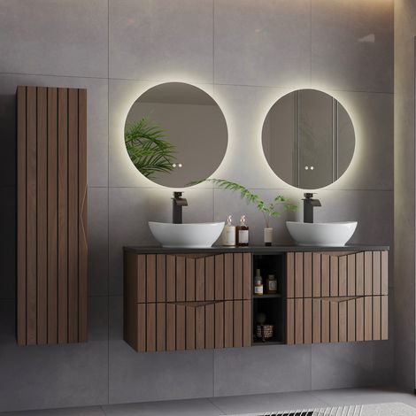 Ensemble Meuble double vasque 140cm 2 niches et colonne Siena bois et noir (1/5)