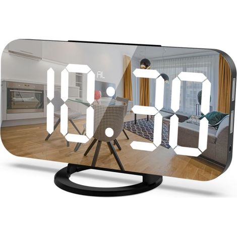Digitaler Wecker, 6,5-Zoll-Bildschirm mit Dimmfunktion, einstellbarer Helligkeit, 2 USB-Ladeanschlüsse, (weiß auf schwarz) (1/5)