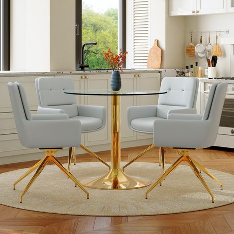Conjunto Mesa y 4 Sillas de Comedor, para 4 Personas, en Vidrio Templado y Metal, Dorado y Gris Claro (1/5)