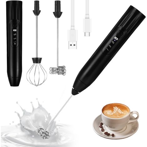 Fouet Electrique Léger Mousseur à Lait Électrique Portable 2 en 1 Noir 2 en 1 Mousseur à Lait Électrique, USB Rechargeable 3 Vitesses, 2 Têtes D'agitation, pour Café Matcha Latte Œufs Noir (1/5)