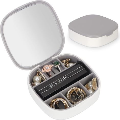Boîte à bijoux de voyage - grise, petite boîte à bijoux avec miroir, boîte à bijoux en plastique, mini boucles d'oreilles, bagues, support de rangement pour bijoux collier (1/5)